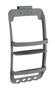 Graues Badregal mit zwei Ablagen und Haken, seitliche Perspektive