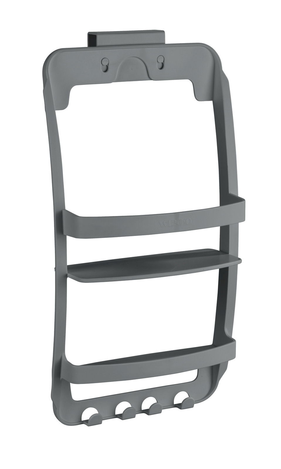 Graues Badregal mit zwei Ablagen und Haken, seitliche Perspektive