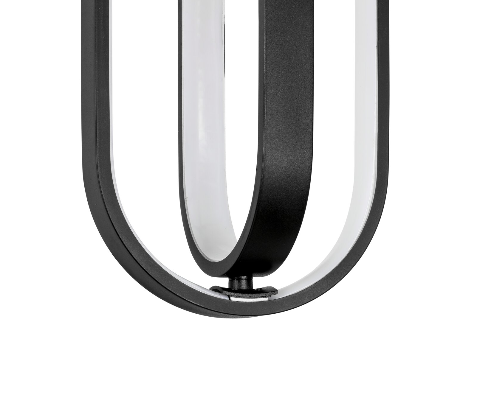 Nahaufnahme einer modernen LED-Hängeleuchte mit schwarzem Rahmen und geschwungenem Design, seitliche Perspektive.