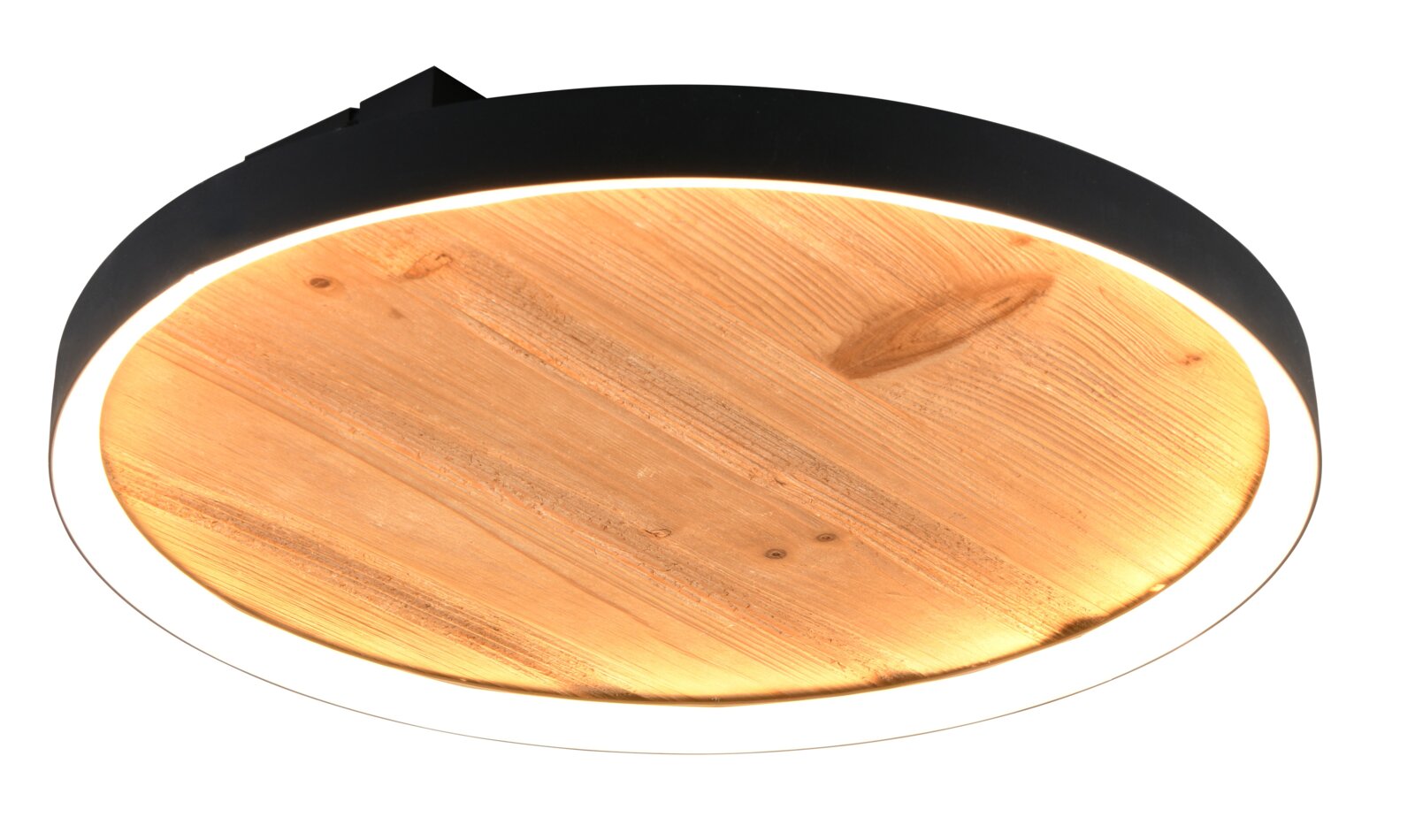 Trio Leuchten LED-Deckenleuchte KALEA Runde LED-Deckenleuchte mit schwarzem Rahmen und Holzoptik, warmweiß leuchtend, Ansicht von unten in leichter Schrägperspektive