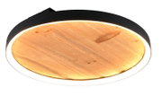 Runde LED-Deckenleuchte mit schwarzem Rahmen und Holzoptik, warmweiß leuchtend, Ansicht von unten in leichter Schrägperspektive