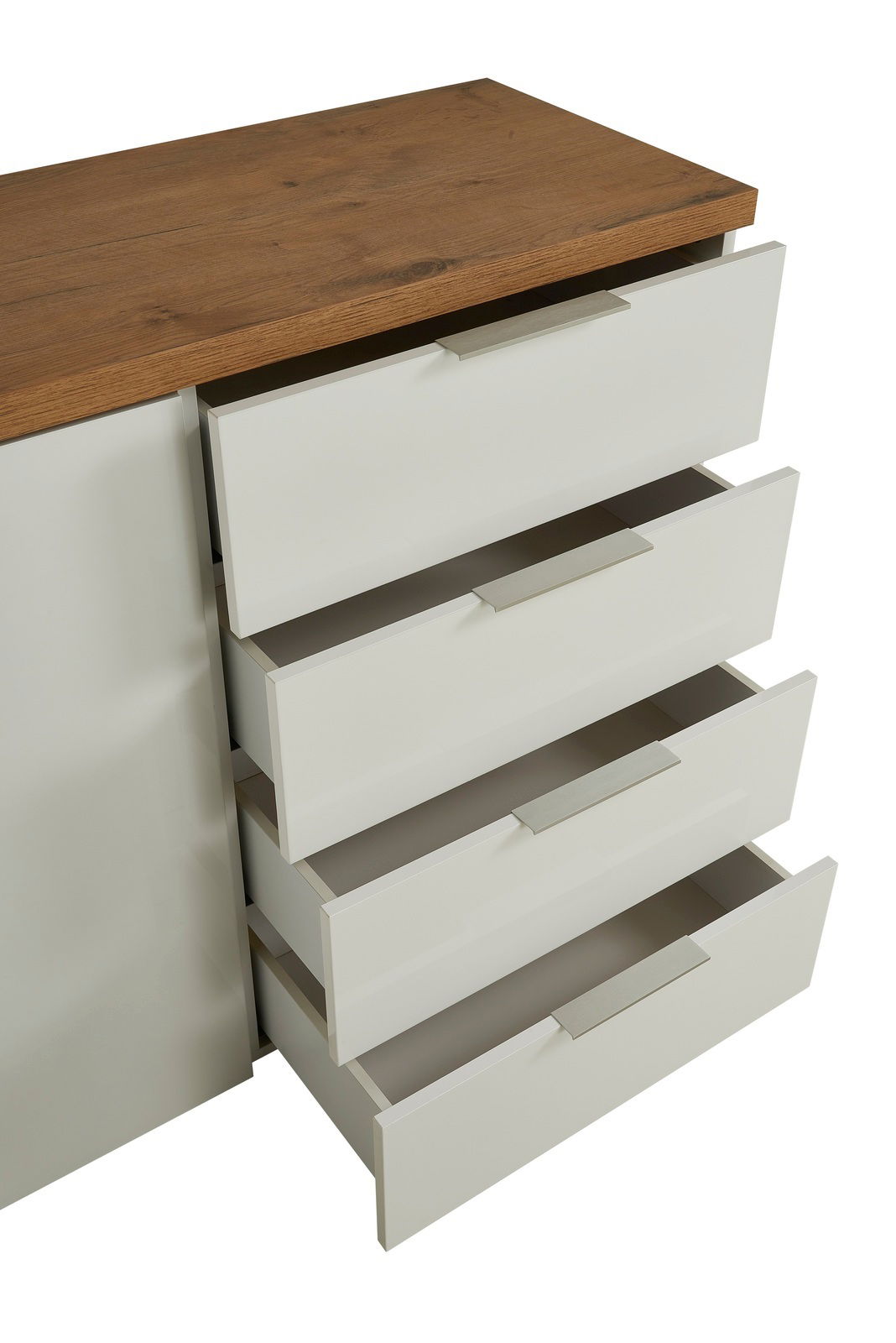 Weißes Sideboard mit vier offenen Schubladen und einer Holzoberfläche, seitliche Perspektive