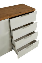 Weißes Sideboard mit vier offenen Schubladen und einer Holzoberfläche, seitliche Perspektive