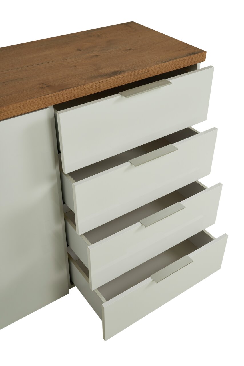 Weißes Sideboard mit vier offenen Schubladen und einer Holzoberfläche, seitliche Perspektive