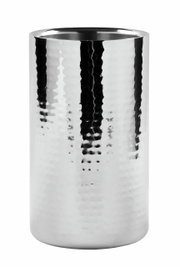 Silberner, gehämmerter Weinkühler aus Edelstahl in zylindrischer Form, frontal abgebildet.