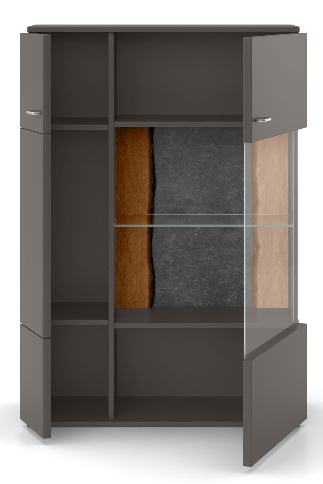 Modernes Highboard mit offenen und geschlossenen Fächern, Glasregal und Holzdetails, Frontalansicht
