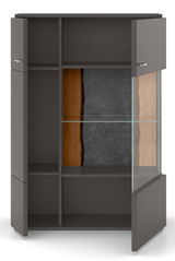 Modernes Highboard mit offenen und geschlossenen Fächern, Glasregal und Holzdetails, Frontalansicht