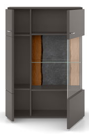 Modernes Highboard mit offenen und geschlossenen Fächern, Glasregal und Holzdetails, Frontalansicht