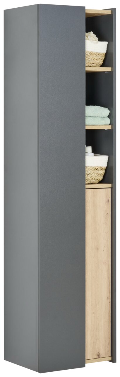 Stylife Hochschrank PALIUM Moderner Hochschrank in grauer Farbe mit teilweise geöffneter Tür, die Holzregale mit Körben und Handtüchern zeigt, seitliche Perspektive.