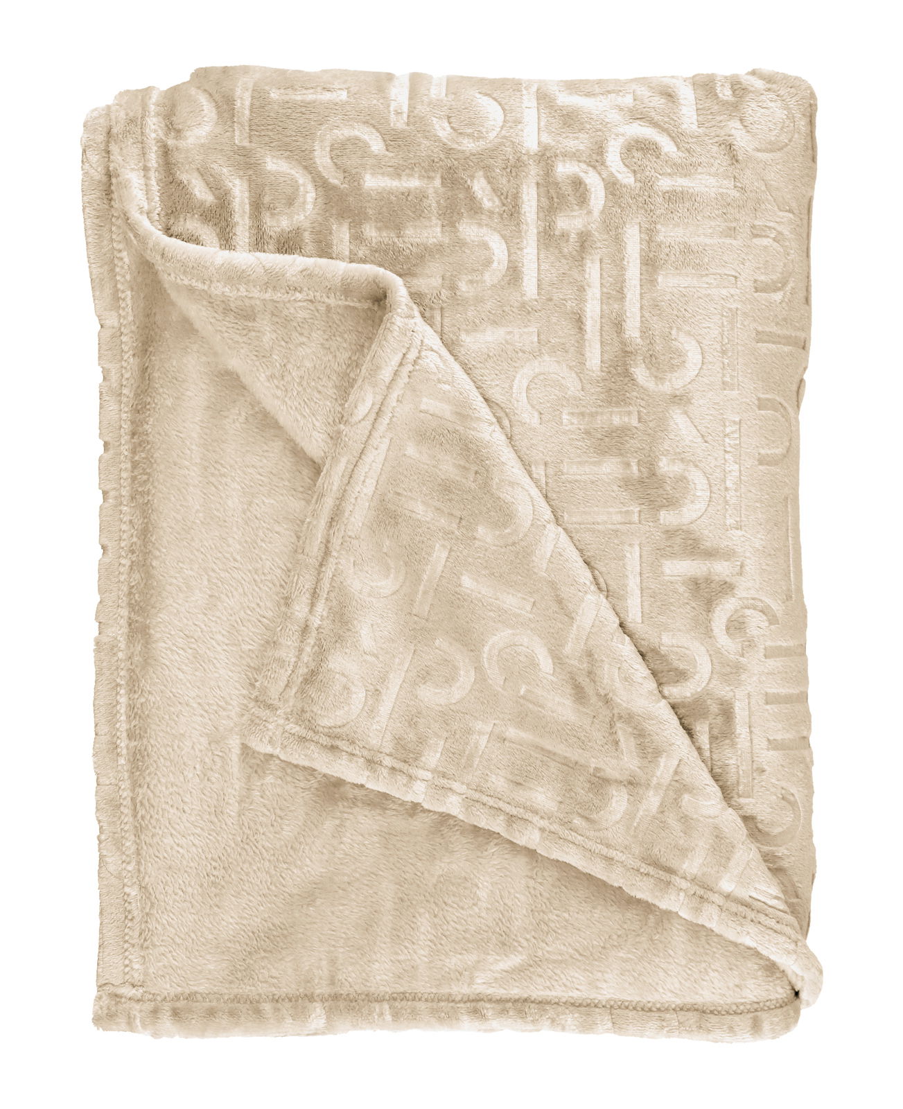 Beige Plaid 140x190cm mit eingeprägtem Muster, ausgebreitet und teilweise gefaltet, von oben betrachtet