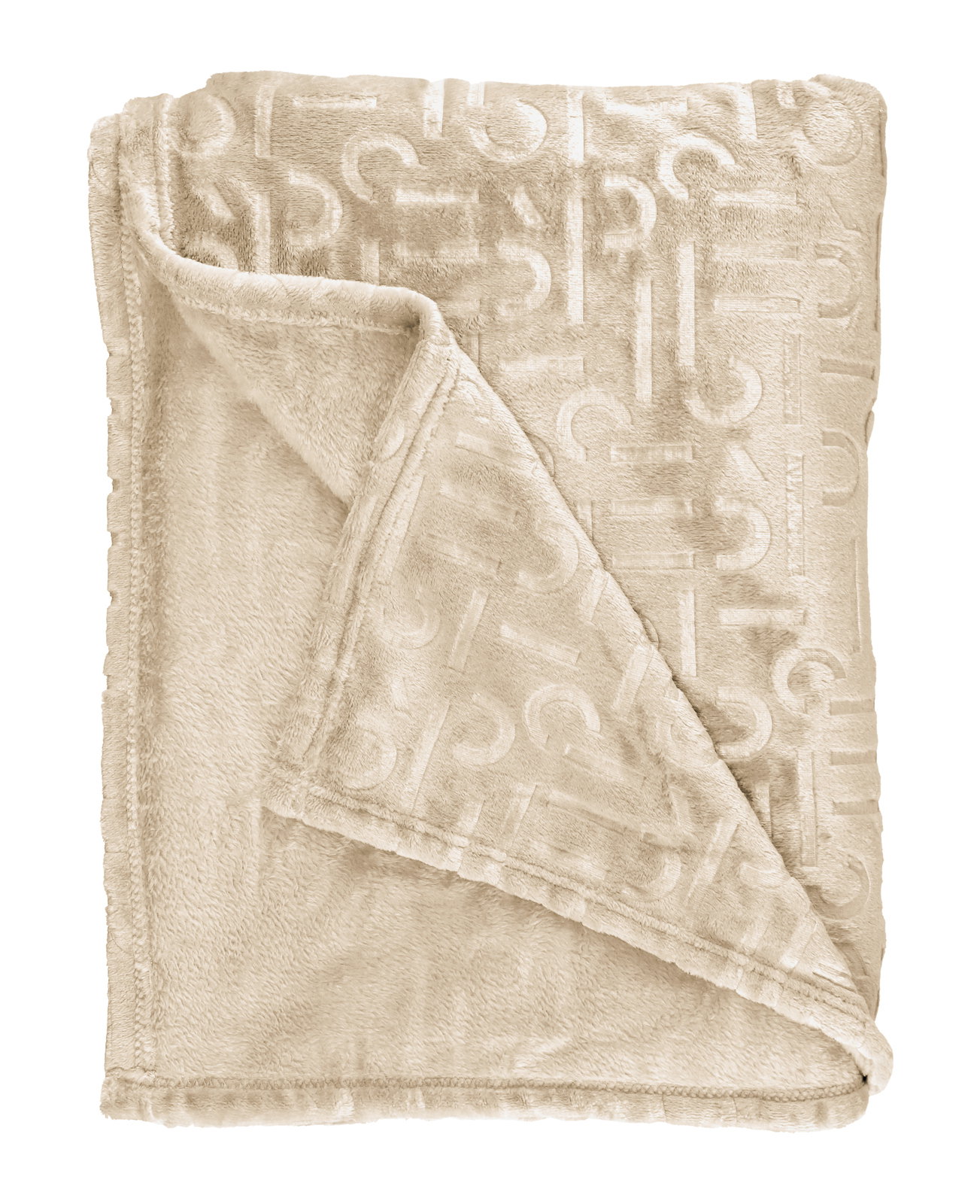 Beige Plaid 140x190cm mit eingeprägtem Muster, ausgebreitet und teilweise gefaltet, von oben betrachtet