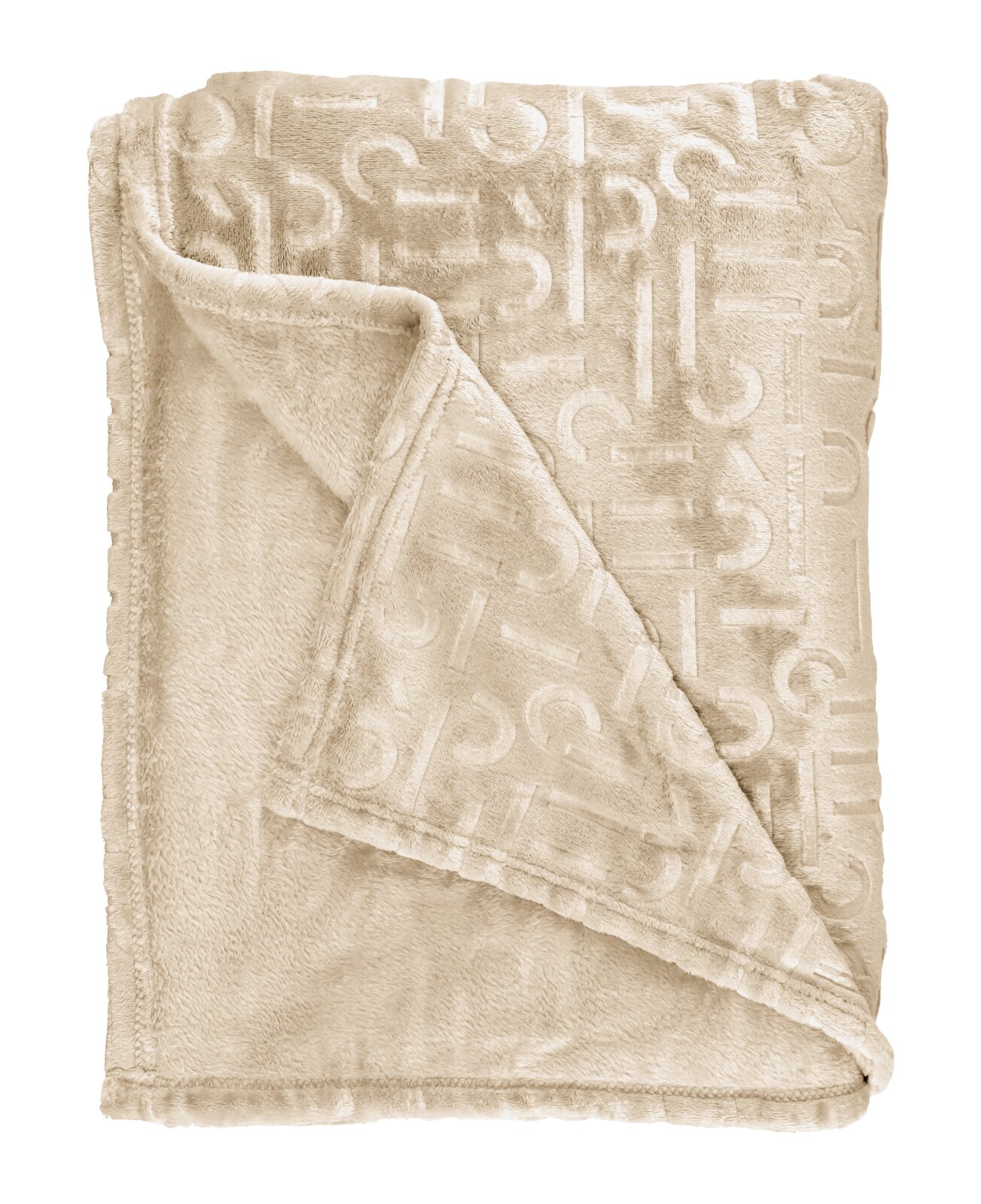 Beige Plaid 140x190cm mit eingeprägtem Muster, ausgebreitet und teilweise gefaltet, von oben betrachtet
