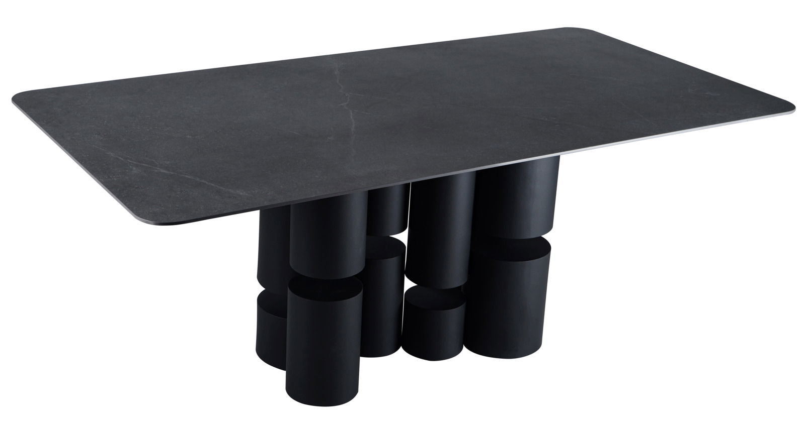 Moderner Esstisch mit rechteckiger, dunkler Tischplatte und einzigartigem zylindrischem Untergestell, seitliche Perspektive.