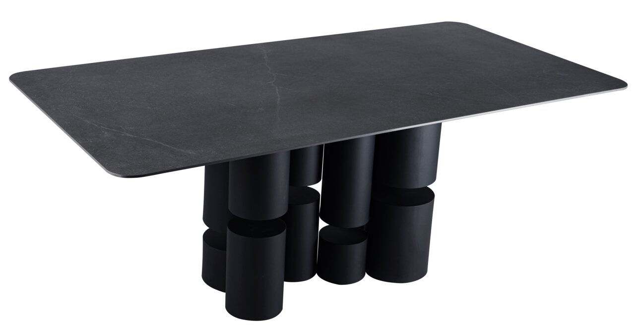 Moderner Esstisch mit rechteckiger, dunkler Tischplatte und einzigartigem zylindrischem Untergestell, seitliche Perspektive.