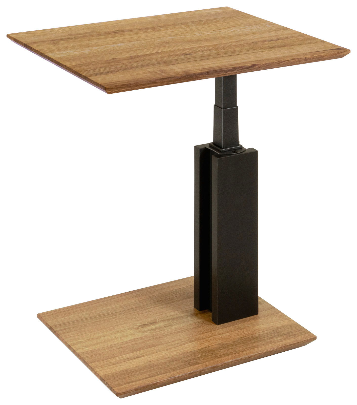 Moderner Beistelltisch mit Holzoberfläche und schwarzem Metallgestell, seitliche Perspektive