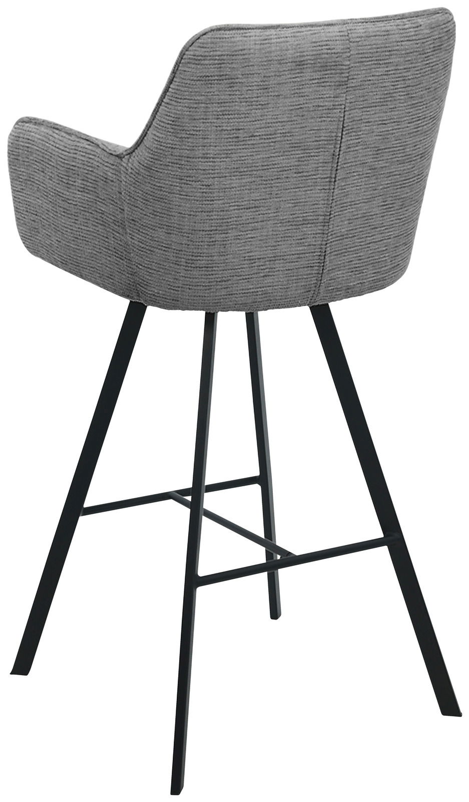 Rückansicht eines grauen Barhockers mit gepolsterter Rückenlehne und schwarzen Metallbeinen