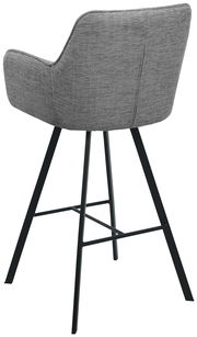 Rückansicht eines grauen Barhockers mit gepolsterter Rückenlehne und schwarzen Metallbeinen