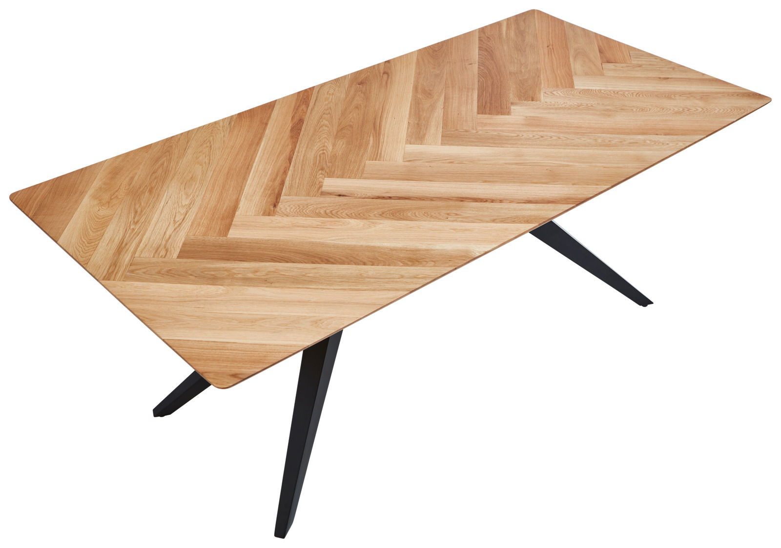 Esstisch mit Fischgrätenmuster aus Holz, schwarze Metallbeine, Perspektive von oben