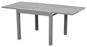 Moderner grauer Gartentisch aus Metall mit rechteckiger Tischplatte, seitliche Perspektive