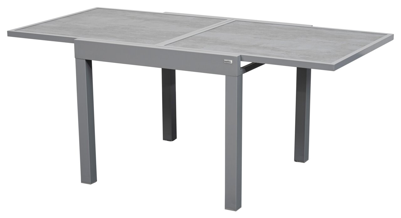 Moderner grauer Gartentisch aus Metall mit rechteckiger Tischplatte, seitliche Perspektive