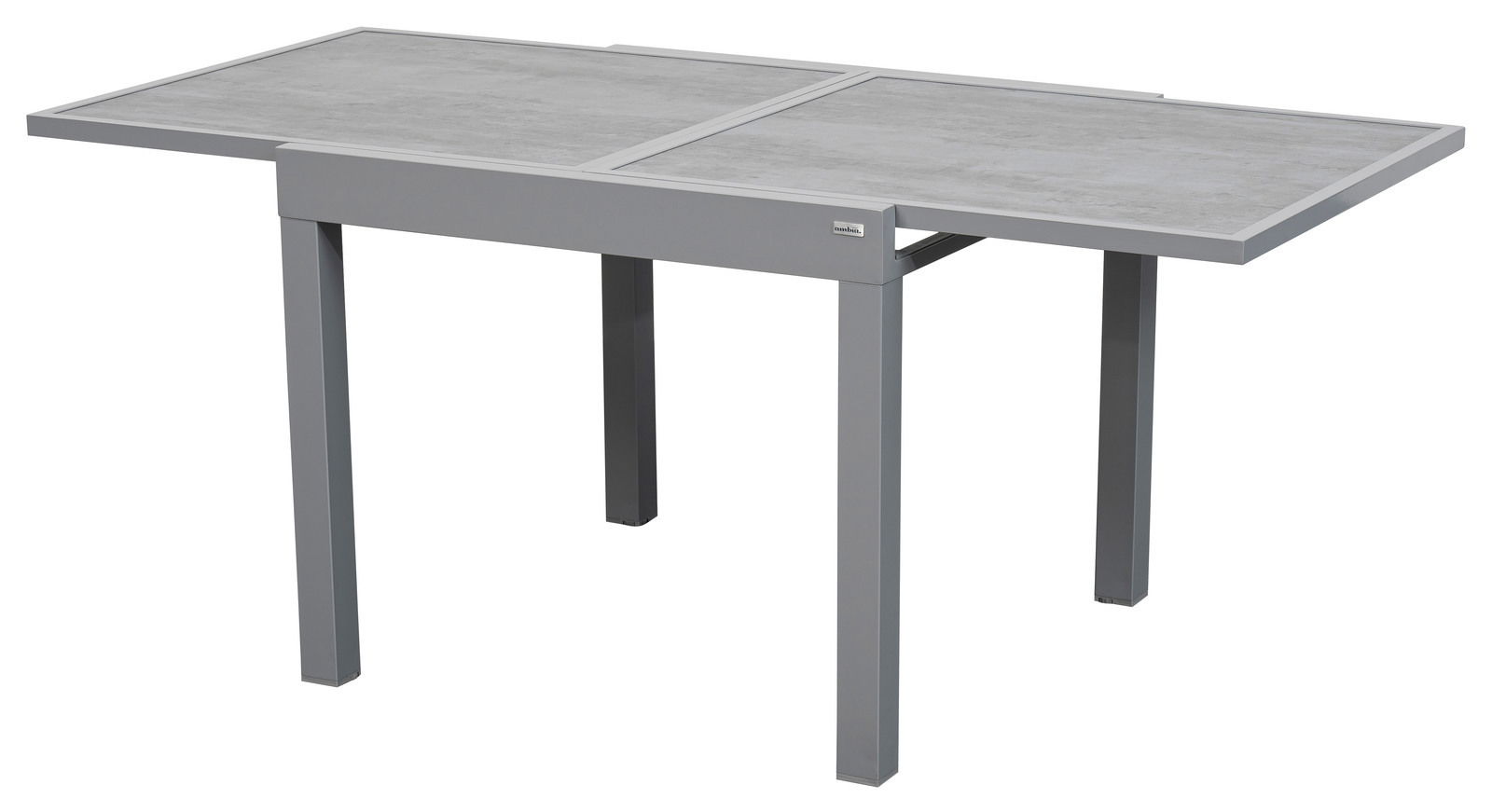 Moderner grauer Gartentisch aus Metall mit rechteckiger Tischplatte, seitliche Perspektive