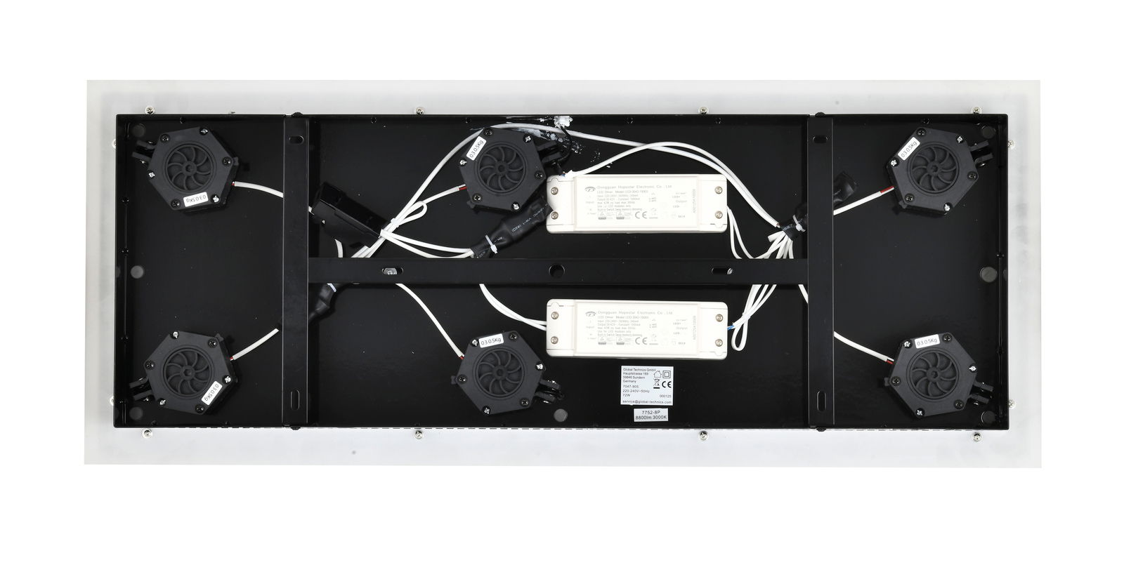 Rückansicht einer LED-Pendelleuchte mit sichtbaren elektrischen Komponenten und Verkabelung.