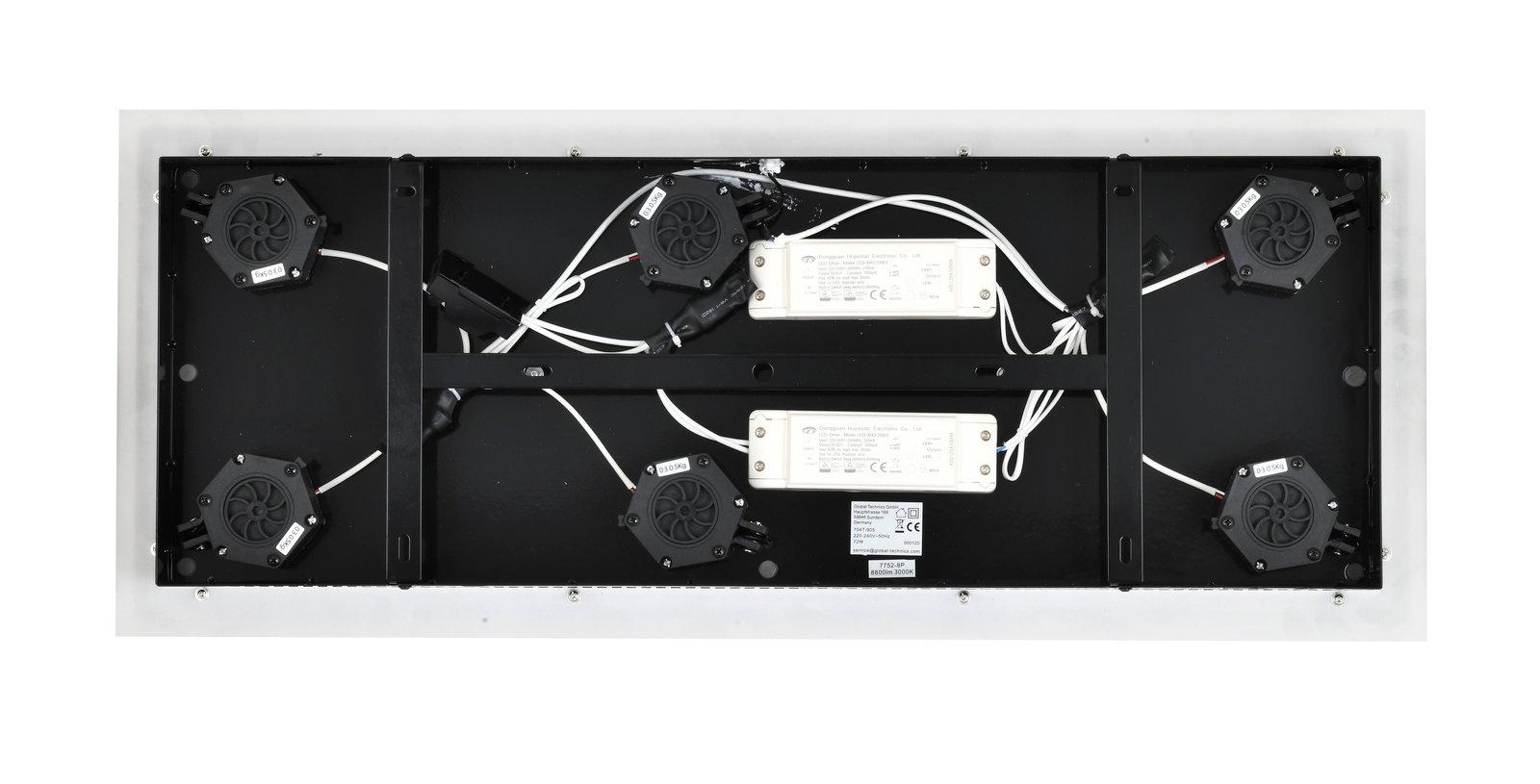 Achterkant van een LED-hanglamp met zichtbare elektrische onderdelen en bedrading.