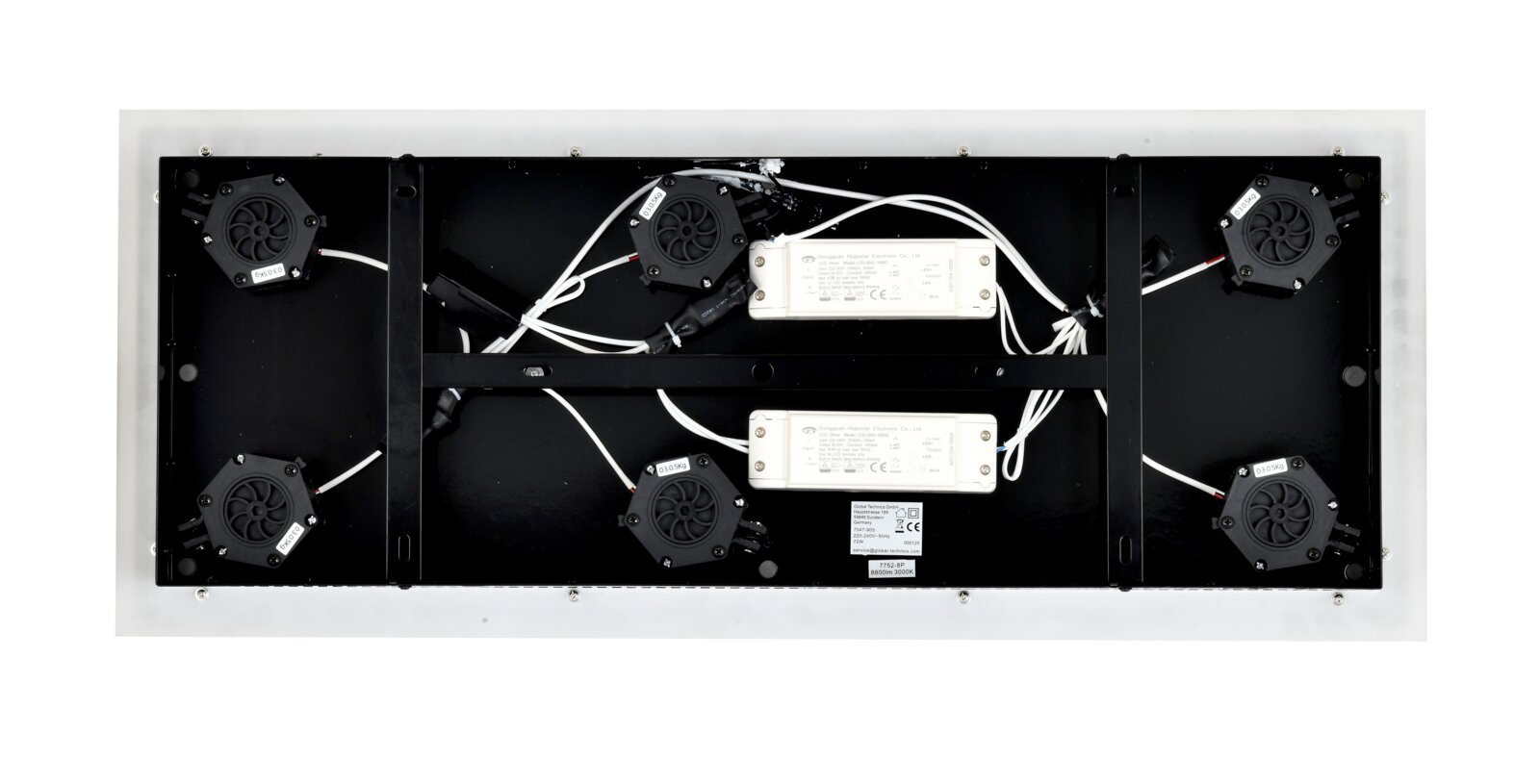 Achterkant van een LED-hanglamp met zichtbare elektrische onderdelen en bedrading.