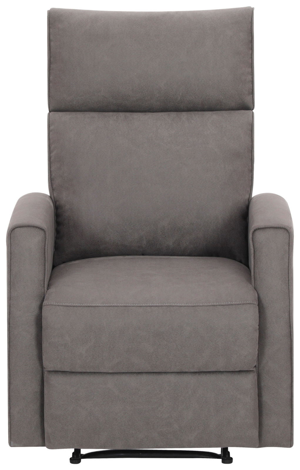 Grauer Sessel in Frontalansicht mit gepolsterten Armlehnen und hoher Rückenlehne.