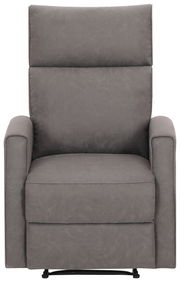Grauer Sessel in Frontalansicht mit gepolsterten Armlehnen und hoher Rückenlehne.