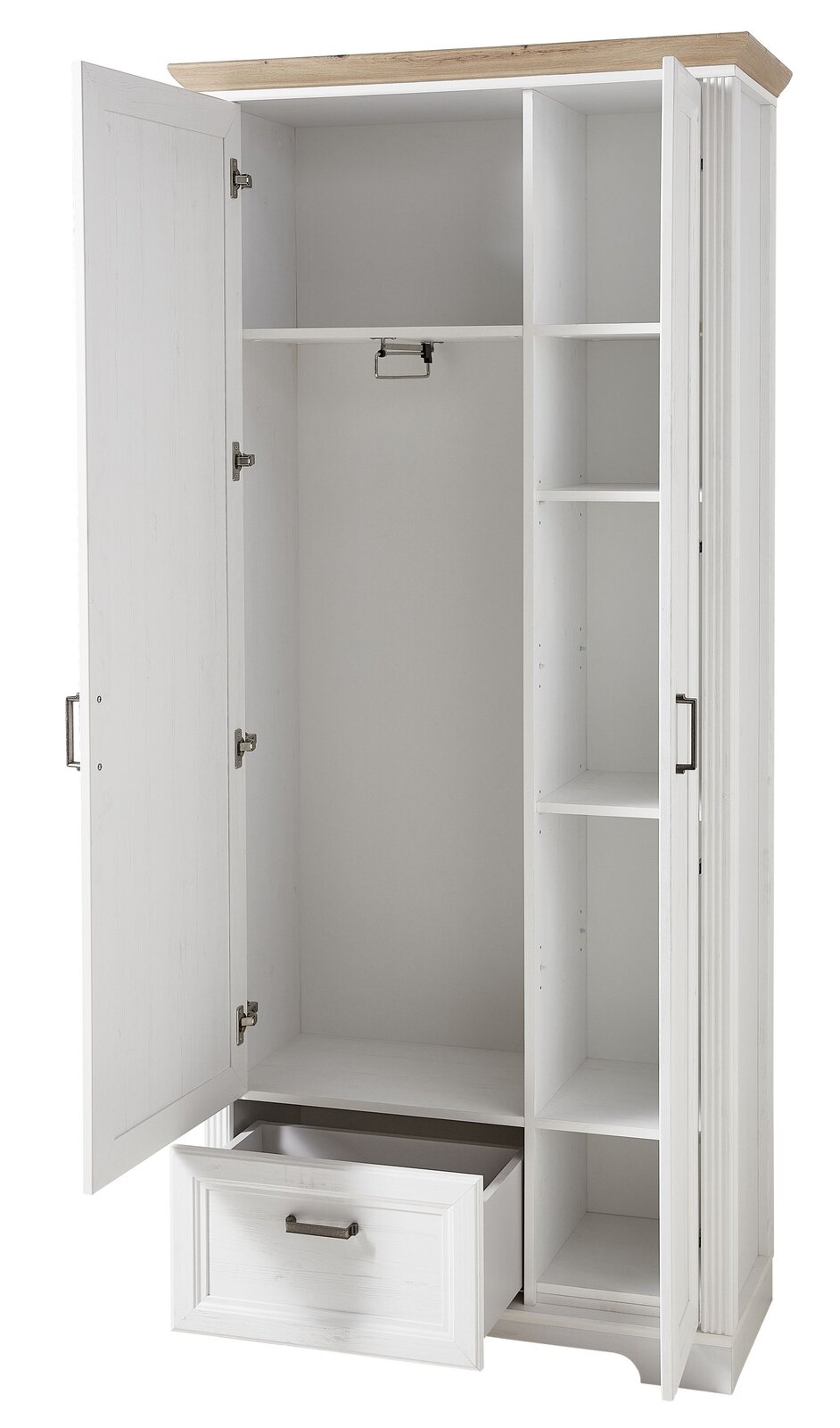 Weißer Garderobenschrank mit offenen Türen, Schublade und Regalfächern, Frontalansicht