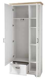 Weißer Garderobenschrank mit offenen Türen, Schublade und Regalfächern, Frontalansicht