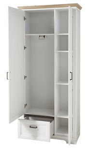 Weißer Garderobenschrank mit offenen Türen, Schublade und Regalfächern, Frontalansicht