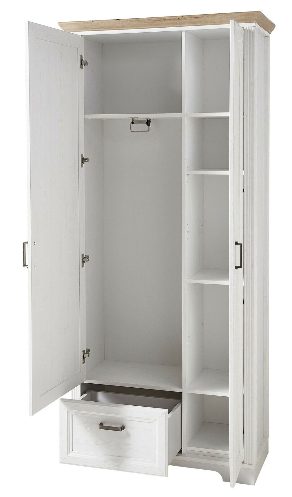Weißer Garderobenschrank mit offenen Türen, Schublade und Regalfächern, Frontalansicht