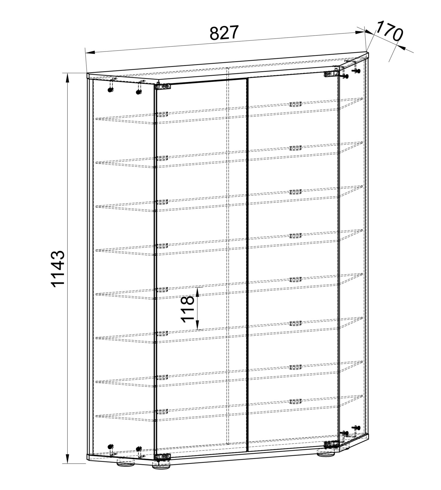 Technische Zeichnung eines hohen, schmalen Schranks mit zwei Türen und mehreren Einlegeböden, Maße ca. 827 mm Breite, 170 mm Tiefe und 1143 mm Höhe, perspektivische Frontansicht leicht von oben.