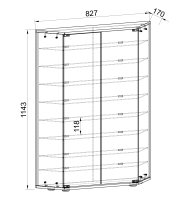 Technische Zeichnung eines hohen, schmalen Schranks mit zwei Türen und mehreren Einlegeböden, Maße ca. 827 mm Breite, 170 mm Tiefe und 1143 mm Höhe, perspektivische Frontansicht leicht von oben.