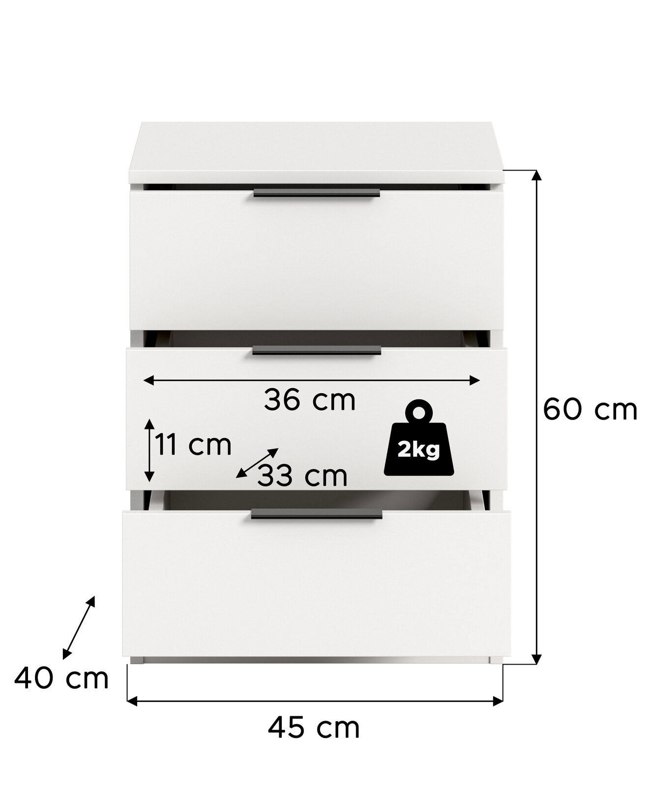 Weiße Kommode mit drei Schubladen und schwarzen Griffen, Frontansicht; Maße: 45 cm breit, 40 cm tief, 60 cm hoch, Schubladeninnenmaß ca. 36 cm breit und 33 cm tief, Tragkraft 2 kg.