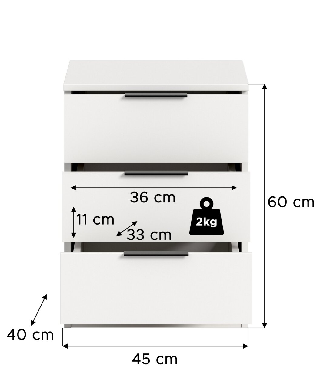 Weiße Kommode mit drei Schubladen und schwarzen Griffen, Frontansicht; Maße: 45 cm breit, 40 cm tief, 60 cm hoch, Schubladeninnenmaß ca. 36 cm breit und 33 cm tief, Tragkraft 2 kg.