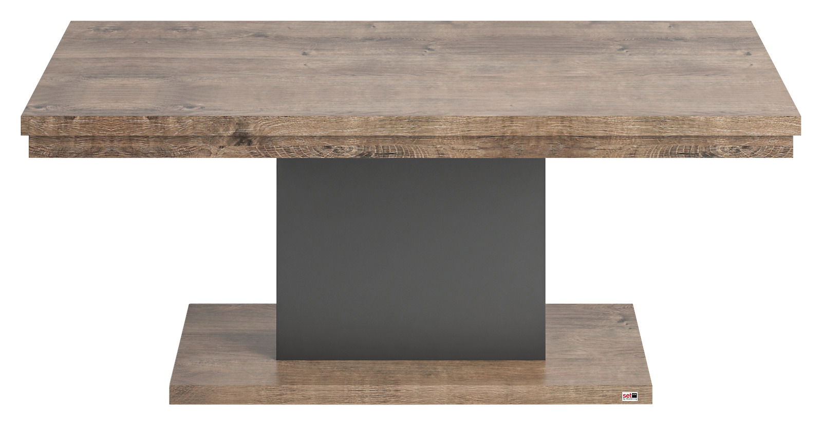 Moderner Couchtisch aus Holz mit rechteckiger Tischplatte und zentralem, dunklem Standfuß, frontal betrachtet.