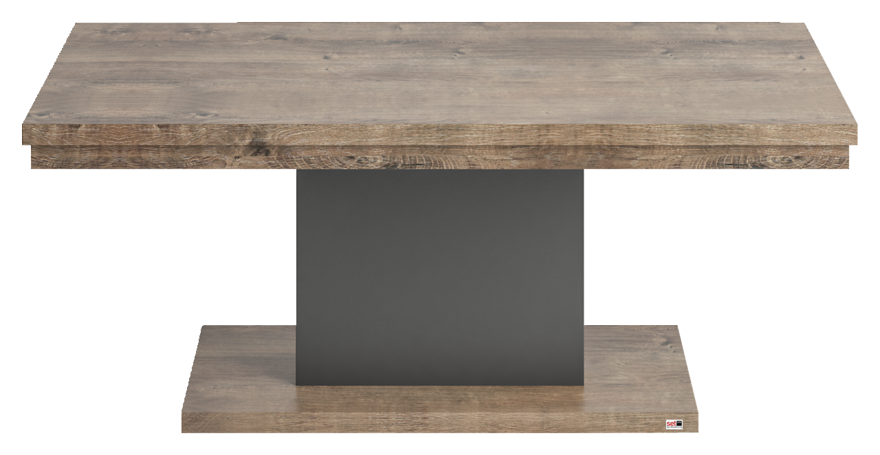 Moderner Couchtisch aus Holz mit rechteckiger Tischplatte und zentralem, dunklem Standfuß, frontal betrachtet.
