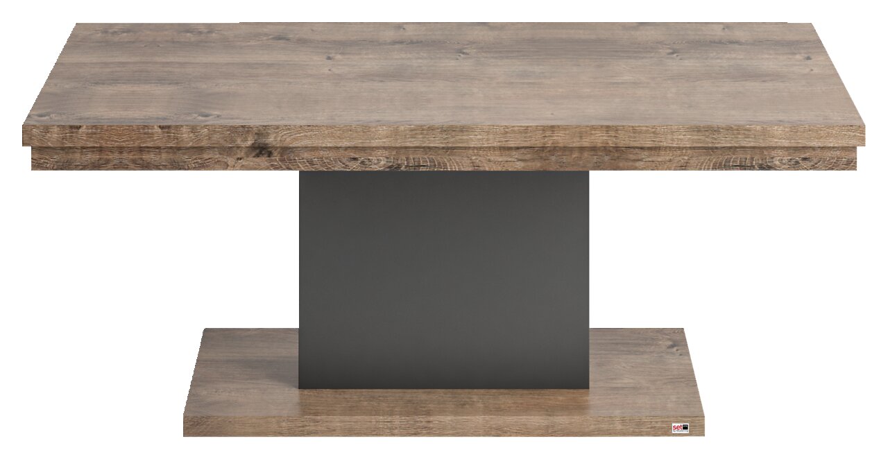 Moderner Couchtisch aus Holz mit rechteckiger Tischplatte und zentralem, dunklem Standfuß, frontal betrachtet.