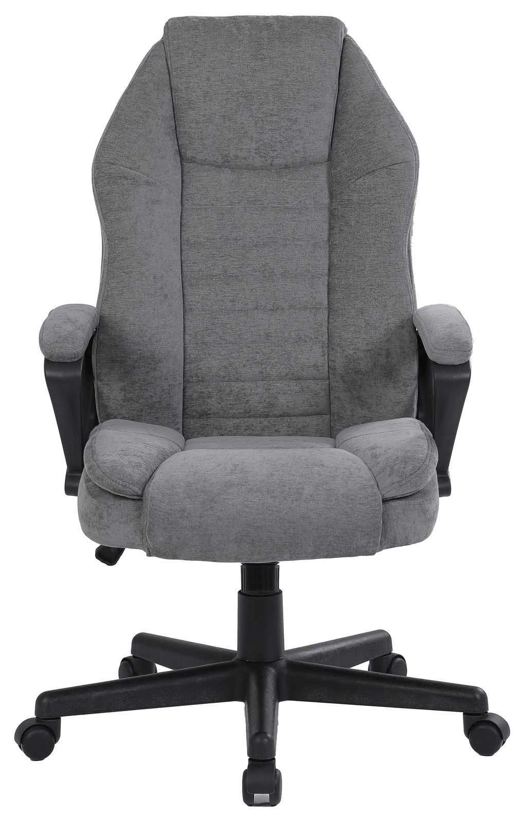 Grauer Homeoffice-Drehstuhl mit Armlehnen und Rollen, Vorderansicht