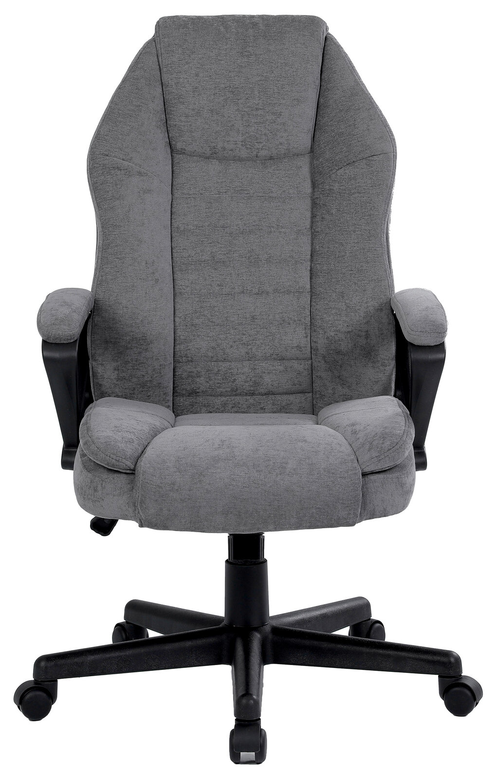 Grauer Homeoffice-Drehstuhl mit Armlehnen und Rollen, Vorderansicht