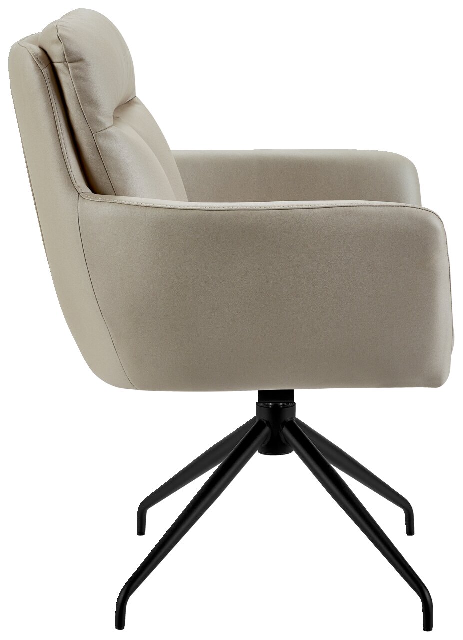 Seitenansicht eines beigen Armlehnstuhls mit schwarzem Metallgestell.