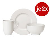 Weißes Frühstücksset bestehend aus je zwei Tassen, Tellern und Schalen, frontal abgebildet.