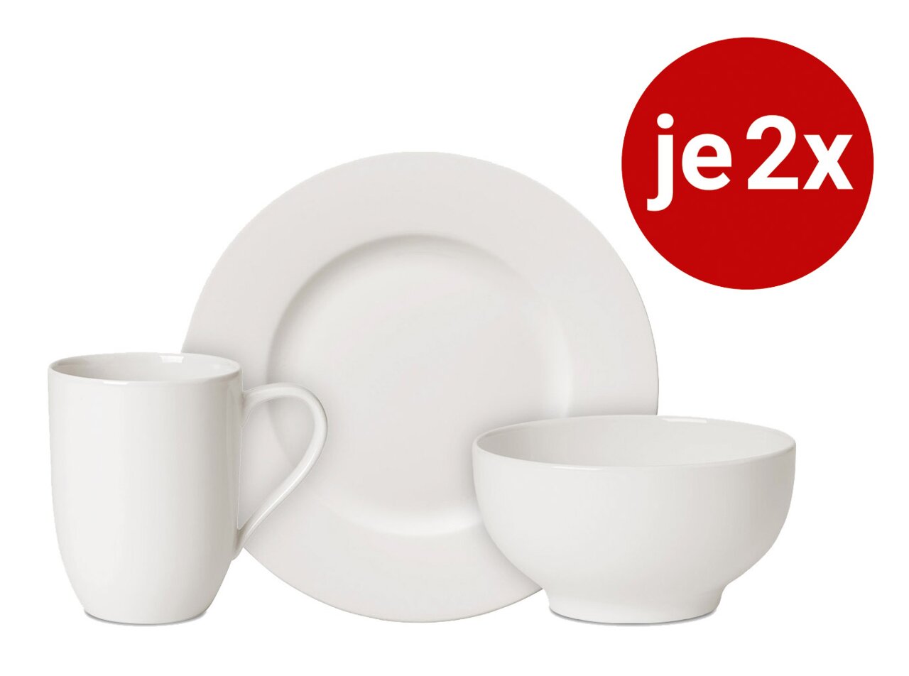 Villeroy & Boch Frühstücksset 6-tlg. FOR ME Weißes Frühstücksset bestehend aus je zwei Tassen, Tellern und Schalen, frontal abgebildet.