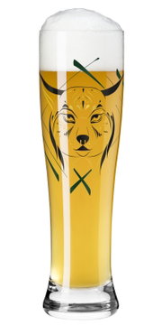 Vooraanzicht van een hoog, slank bierglas gevuld met goudkleurig bier met schuimkraag, met een illustratie van een lynxkop en groene accenten op het glas.