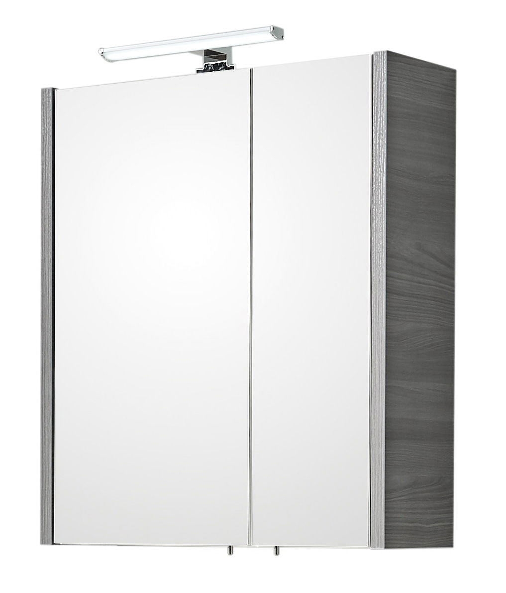 XORA Spiegelschrank Moderner Spiegelschrank mit zwei Türen und integrierter Beleuchtung, seitliche Perspektive