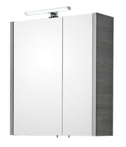 Moderner Spiegelschrank mit zwei Türen und integrierter Beleuchtung, seitliche Perspektive