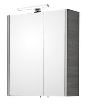 Moderner Spiegelschrank mit zwei Türen und integrierter Beleuchtung, seitliche Perspektive